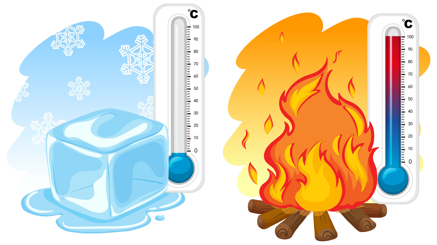 fire and ice cube and thermometers